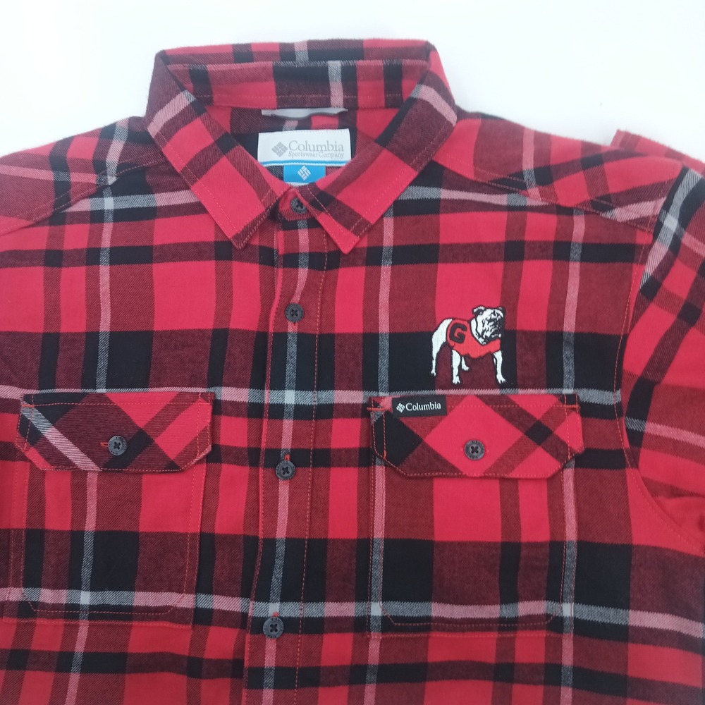 Columbia Mens Georgia Bulldogs Flannel Shirt Red Black Plaid Button Down Size M
